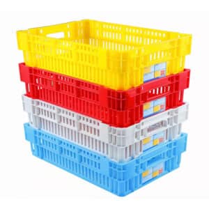 Caisse ajourée empilable et emboîtable. Caisse légère. Poignées intégrées ergonomiques pour une préhension facile et pratique. Empilable jusqu'à 2m. Empilable et emboîtable par rotation d'un demi-tour avec indicateur de sens.