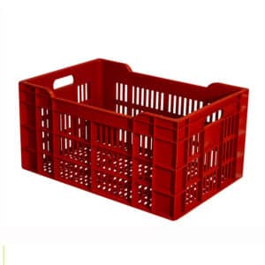 Caisse ajourée empilable et emboîtable. Caisse légère. Poignées intégrées ergonomiques pour une préhension facile et pratique. Empilable jusqu'à 2m. Empilable et emboîtable par rotation d'un demi-tour avec indicateur de sens.